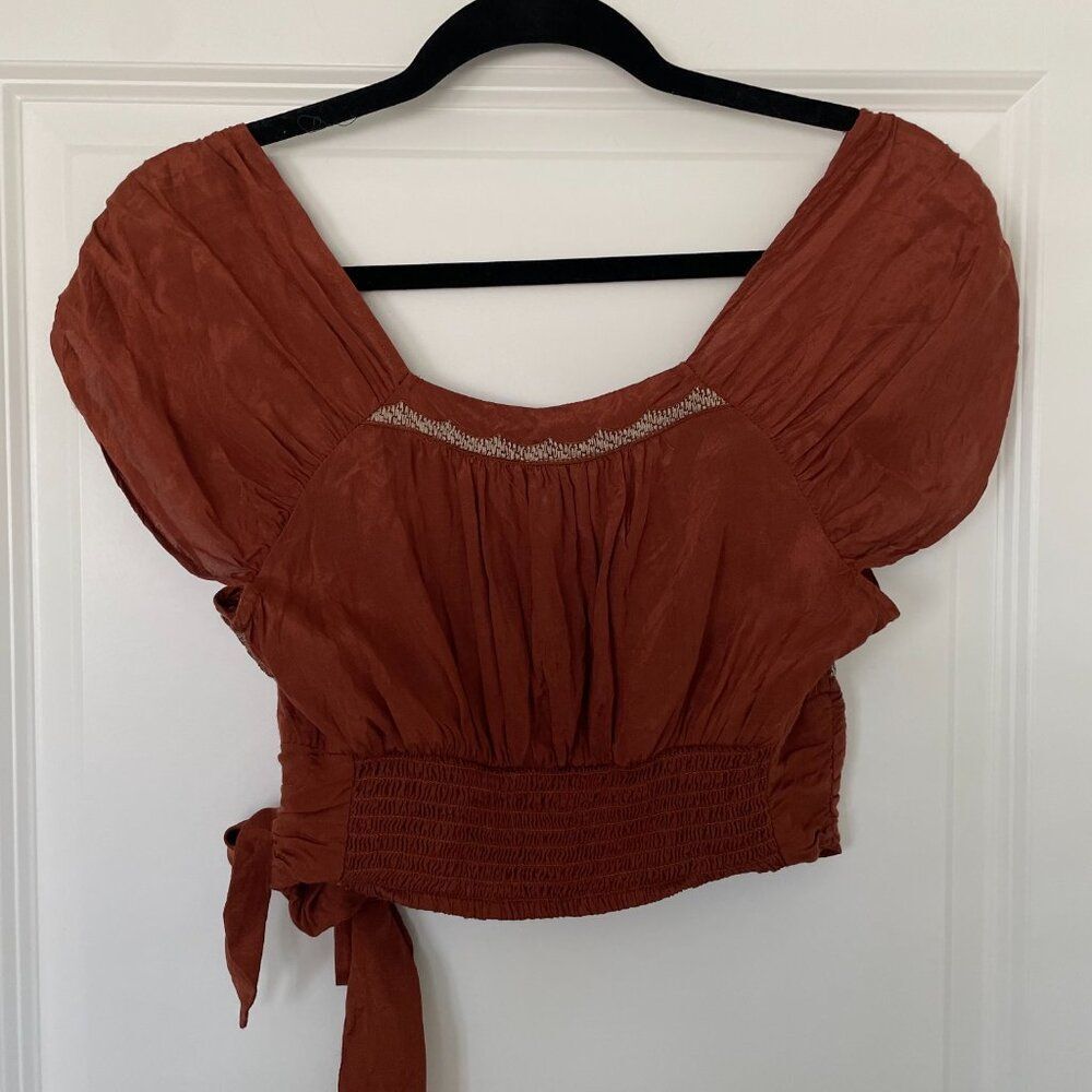 Free People Sahara Embroidered Top Women XS Brown Boho Short Sleeve Blouse - Picture 4 of 8